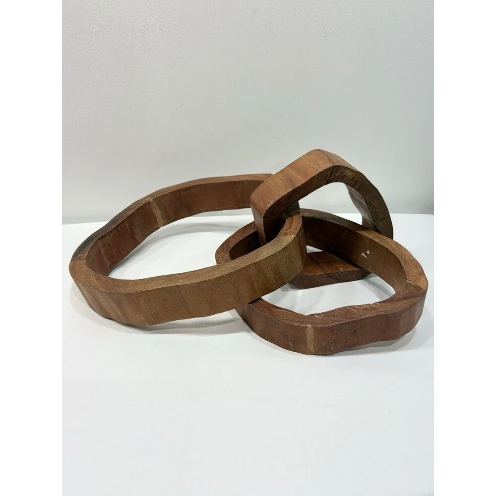 Large Hand Carved Wood Abstract Sculpture Interlocking Rings Organic Modern 22”
